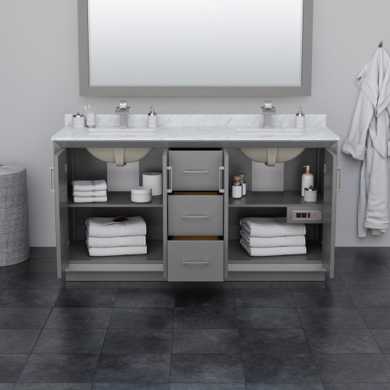 Strada 66" Double Vanity in Gray, White Marble Top, Sink, Nickel Trim