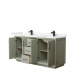 Strada 66" Double Vanity in Green, Carrara Marble Top, Sinks, Black Trim