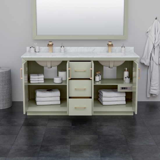 Strada 66" Double Vanity in Green, Carrara Marble Top, Sinks, Bronze Trim