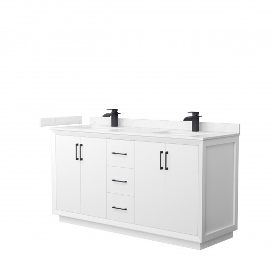 Strada 66" Double Vanity in White, Carrara Marble Top, Sink, Black Trim