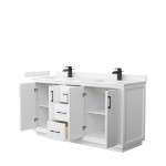 Strada 66" Double Vanity in White, Carrara Marble Top, Sink, Black Trim