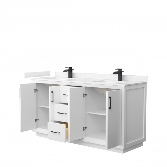 Strada 66" Double Vanity in White, Carrara Marble Top, Sink, Black Trim