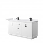 Strada 66" Double Vanity in White, White Marble Top, Sink, Black Trim