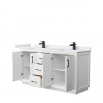 Strada 66" Double Vanity in White, White Marble Top, Sink, Black Trim