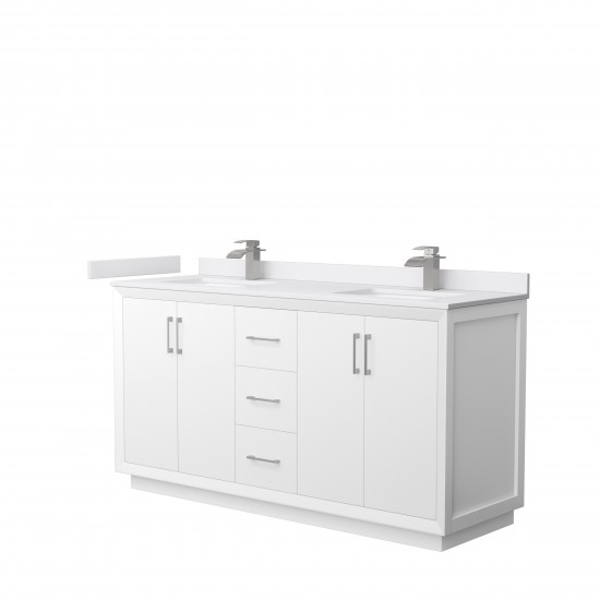 Strada 66" Double Vanity in White, White Marble Top, Sink, Nickel Trim