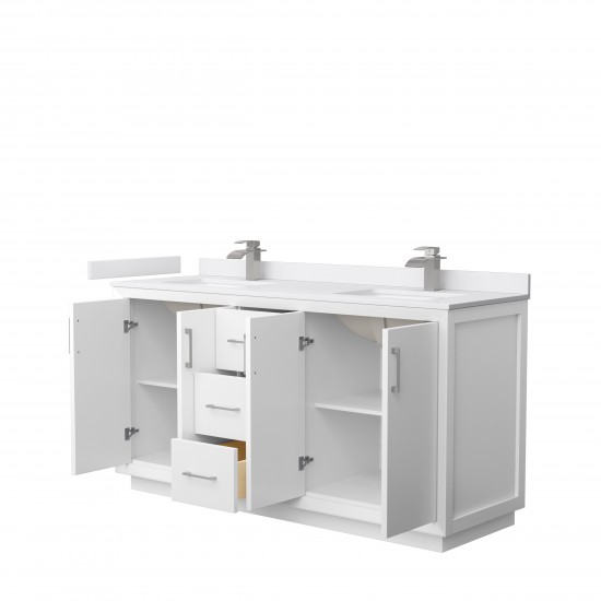 Strada 66" Double Vanity in White, White Marble Top, Sink, Nickel Trim