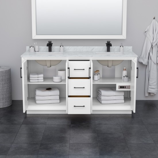 Strada 66" Double Vanity in White, Carrara Marble Top, Sink, Bronze Trim