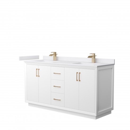 Strada 66" Double Vanity in White, White Marble Top, Sink, Bronze Trim