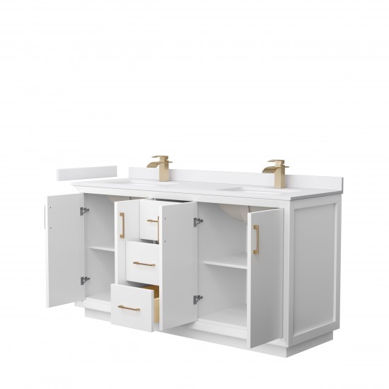 Strada 66" Double Vanity in White, White Marble Top, Sink, Bronze Trim