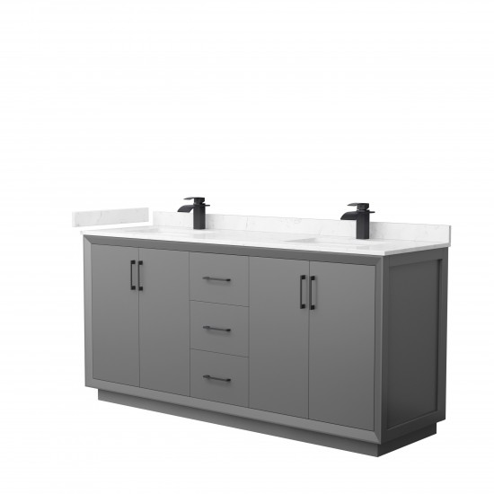 Strada 72" Double Vanity in Gray, Carrara Marble Top, Sink, Black Trim