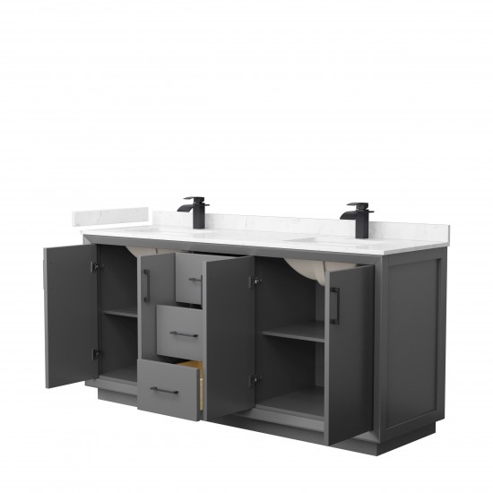 Strada 72" Double Vanity in Gray, Carrara Marble Top, Sink, Black Trim