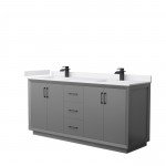 Strada 72" Double Vanity in Gray, White Marble Top, Sink, Black Trim