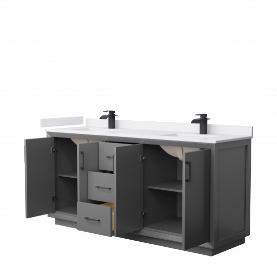 Strada 72" Double Vanity in Gray, White Marble Top, Sink, Black Trim