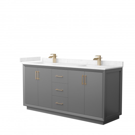 Strada 72" Double Vanity in Gray, Carrara Marble Top, Sink, Bronze Trim