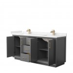 Strada 72" Double Vanity in Gray, Carrara Marble Top, Sink, Bronze Trim