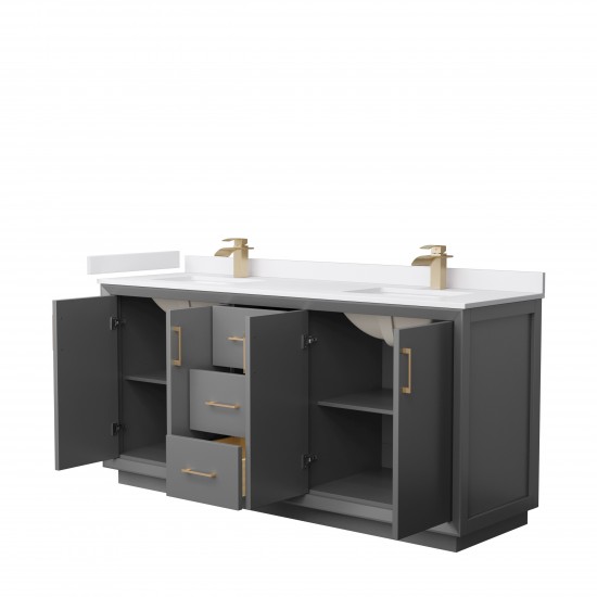 Strada 72" Double Vanity in Gray, White Marble Top, Sink, Bronze Trim