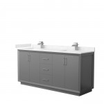 Strada 72" Double Vanity in Gray, Carrara Marble Top, Sink, Nickel Trim