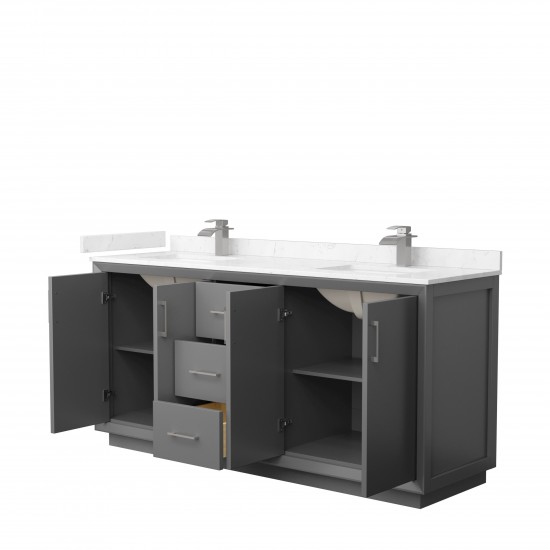 Strada 72" Double Vanity in Gray, Carrara Marble Top, Sink, Nickel Trim