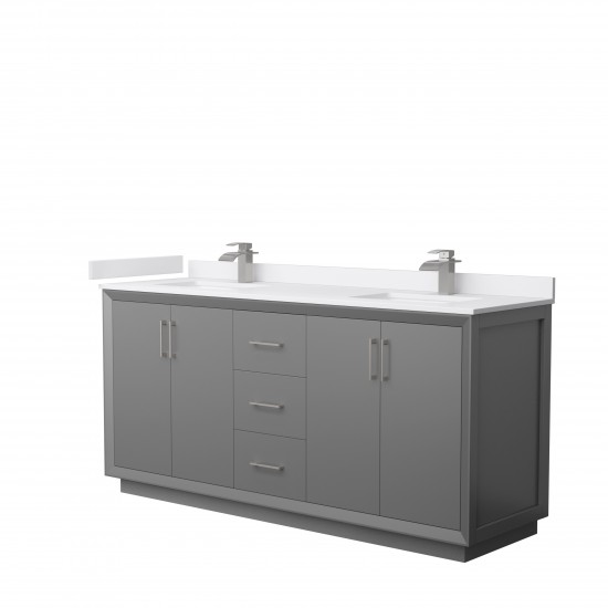 Strada 72" Double Vanity in Gray, White Marble Top, Sink, Nickel Trim