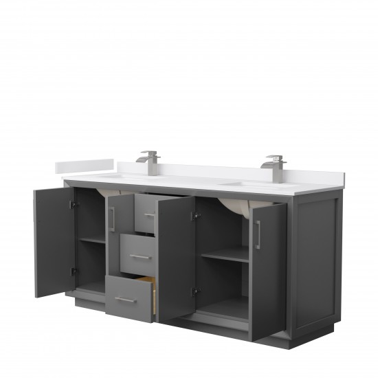 Strada 72" Double Vanity in Gray, White Marble Top, Sink, Nickel Trim