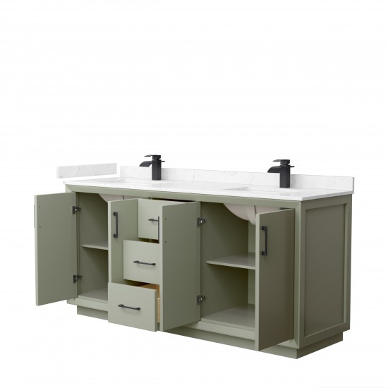 Strada 72" Double Vanity in Green, Carrara Marble Top, Sinks, Black Trim