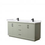 Strada 72" Double Vanity in Green, White Marble Top, Sinks, Black Trim