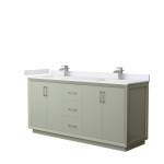 Strada 72" Double Vanity in Green, White Marble Top, Sinks, Nickel Trim