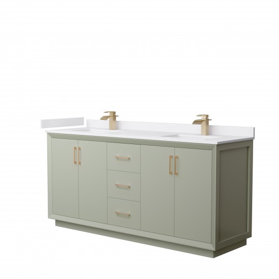 Strada 72" Double Vanity in Green, White Marble Top, Sinks, Bronze Trim