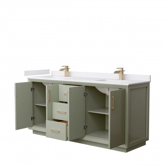 Strada 72" Double Vanity in Green, White Marble Top, Sinks, Bronze Trim