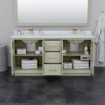 Strada 72" Double Vanity in Green, White Marble Top, Sinks, Bronze Trim
