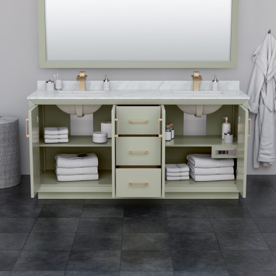 Strada 72" Double Vanity in Green, White Marble Top, Sinks, Bronze Trim