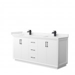 Strada 72" Double Vanity in White, Carrara Marble Top, Sink, Black Trim