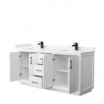 Strada 72" Double Vanity in White, Carrara Marble Top, Sink, Black Trim