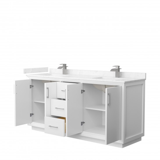 Strada 72" Double Vanity in White, Carrara Marble Top, Sink, Nickel Trim