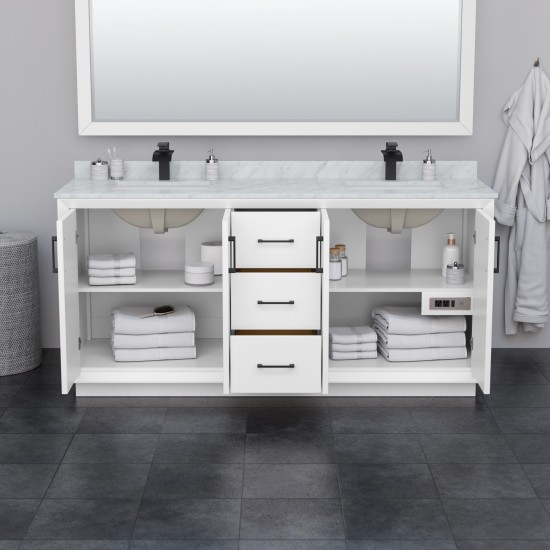 Strada 72" Double Vanity in White, Carrara Marble Top, Sink, Nickel Trim
