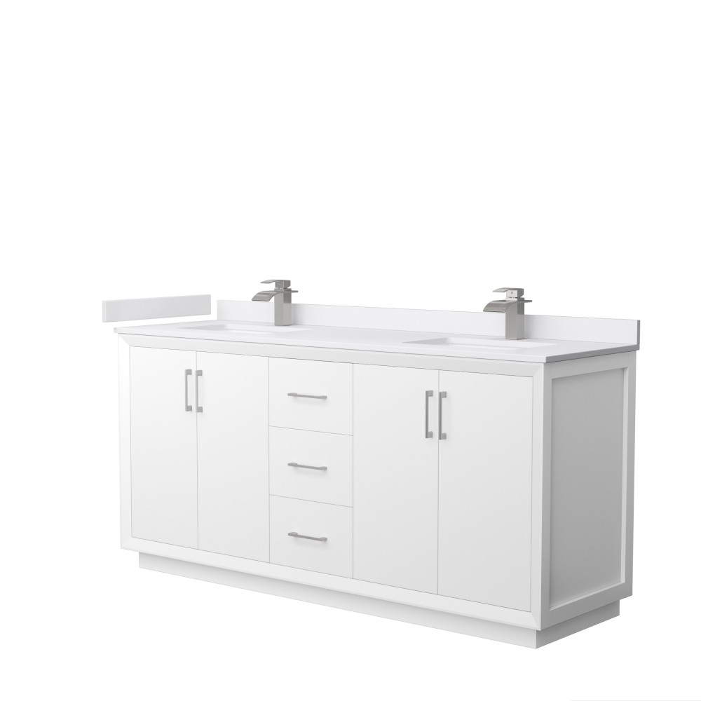 Strada 72" Double Vanity in White, White Marble Top, Sink, Nickel Trim