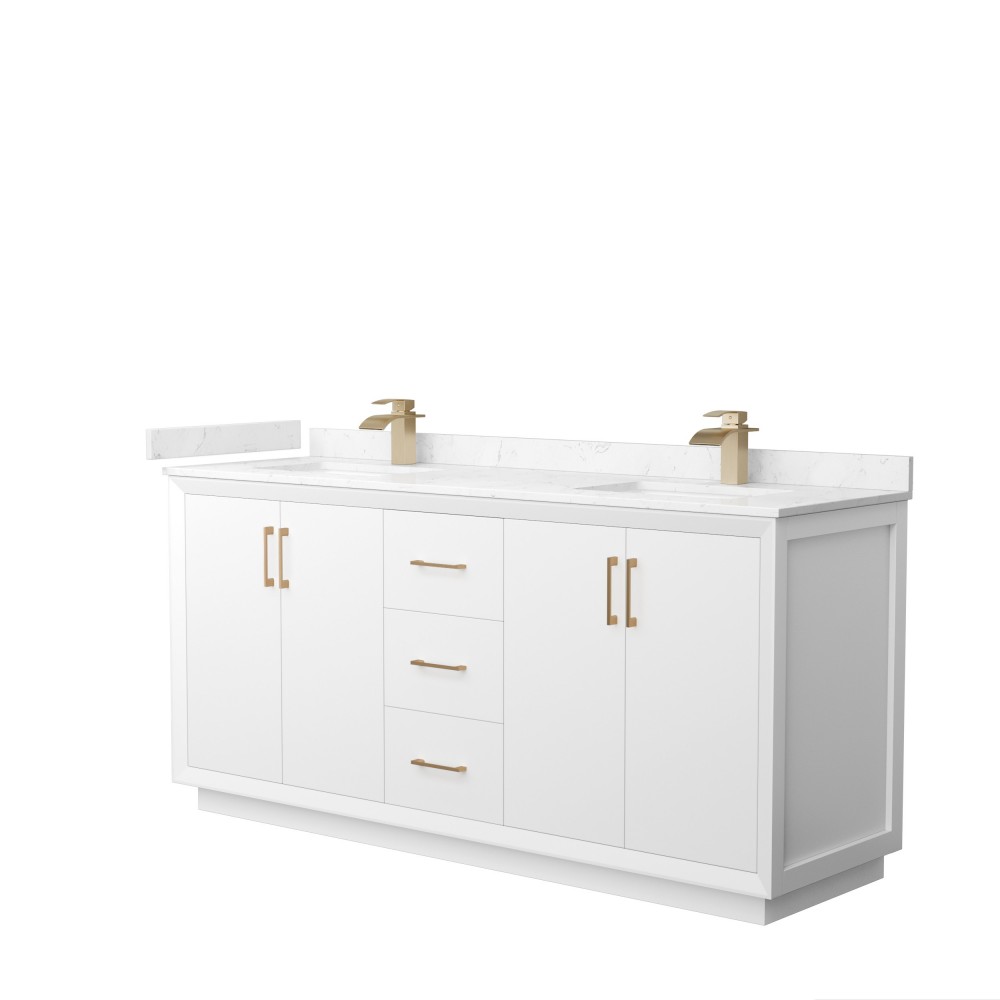 Strada 72" Double Vanity in White, Carrara Marble Top, Sink, Bronze Trim