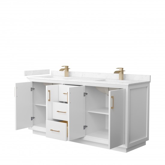 Strada 72" Double Vanity in White, Carrara Marble Top, Sink, Bronze Trim