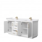 Strada 72" Double Vanity in White, White Marble Top, Sink, Bronze Trim