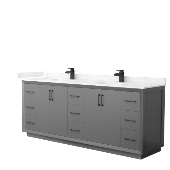 Strada 84" Double Vanity in Gray, Carrara Marble Top, Sink, Black Trim