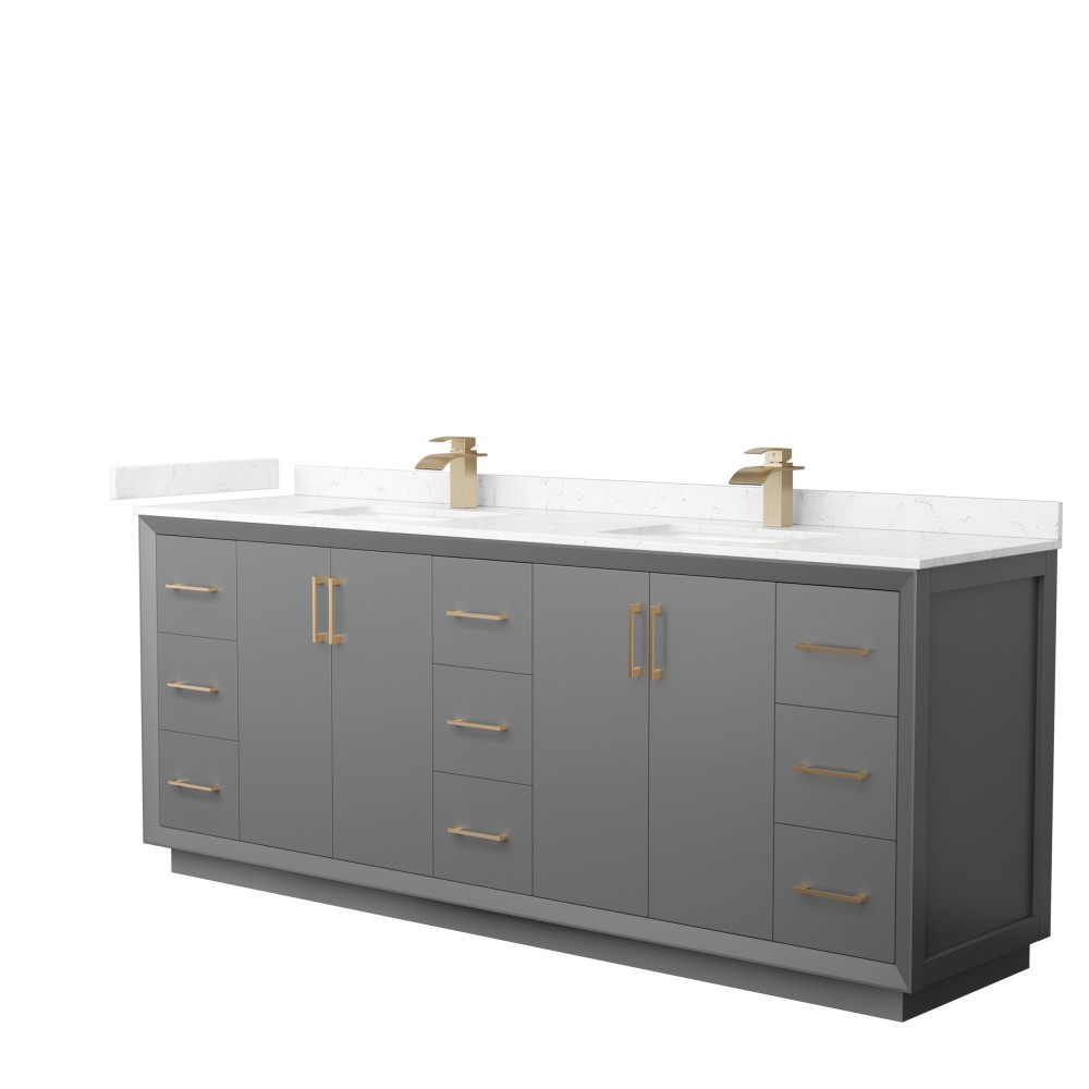 Strada 84" Double Vanity in Gray, Carrara Marble Top, Sink, Bronze Trim