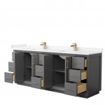 Strada 84" Double Vanity in Gray, Carrara Marble Top, Sink, Bronze Trim