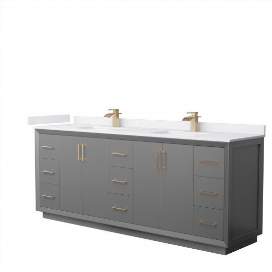 Strada 84" Double Vanity in Gray, White Marble Top, Sink, Bronze Trim