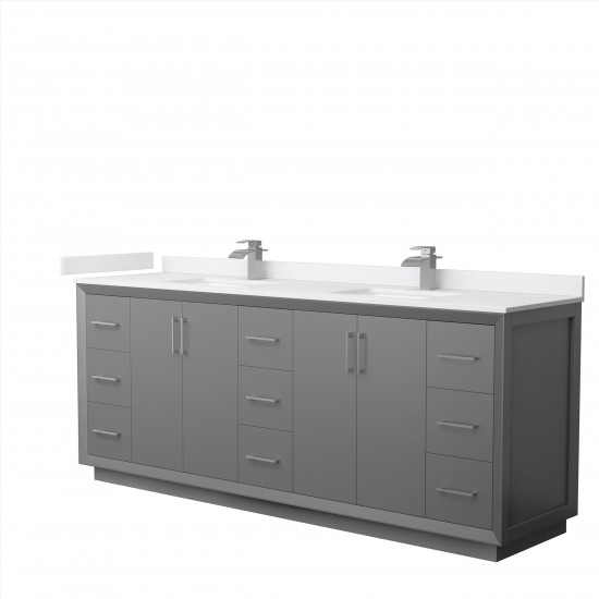 Strada 84" Double Vanity in Gray, White Marble Top, Sink, Nickel Trim