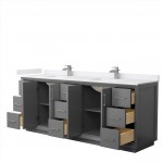 Strada 84" Double Vanity in Gray, White Marble Top, Sink, Nickel Trim