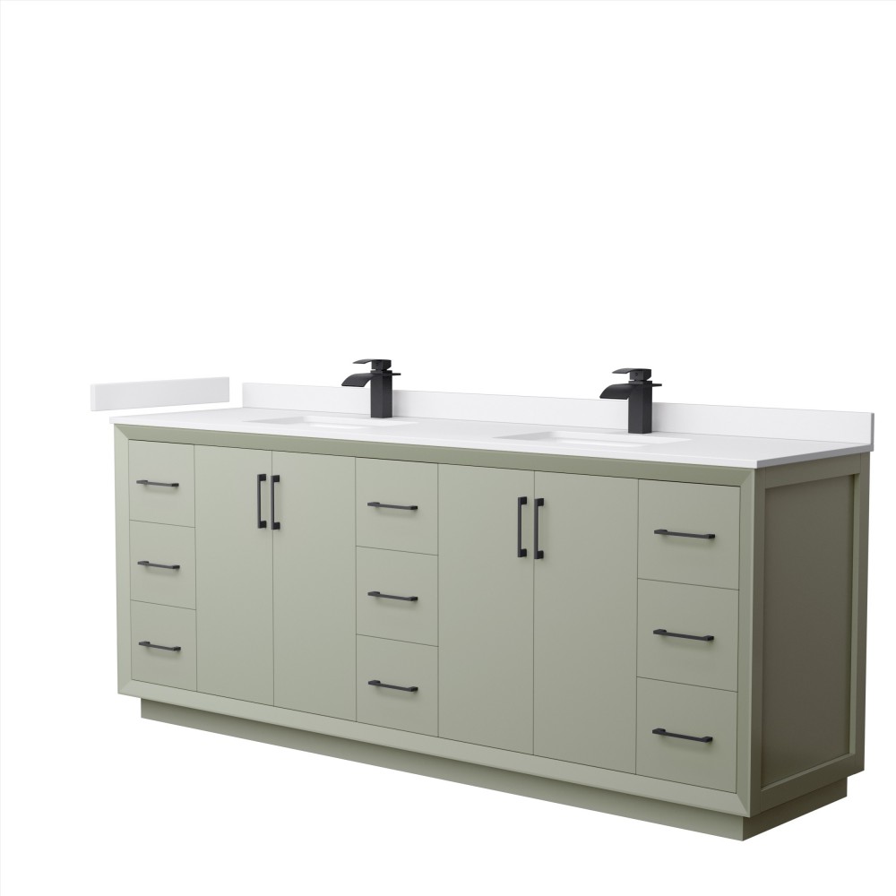 Strada 84" Double Vanity in Green, White Marble Top, Sinks, Black Trim