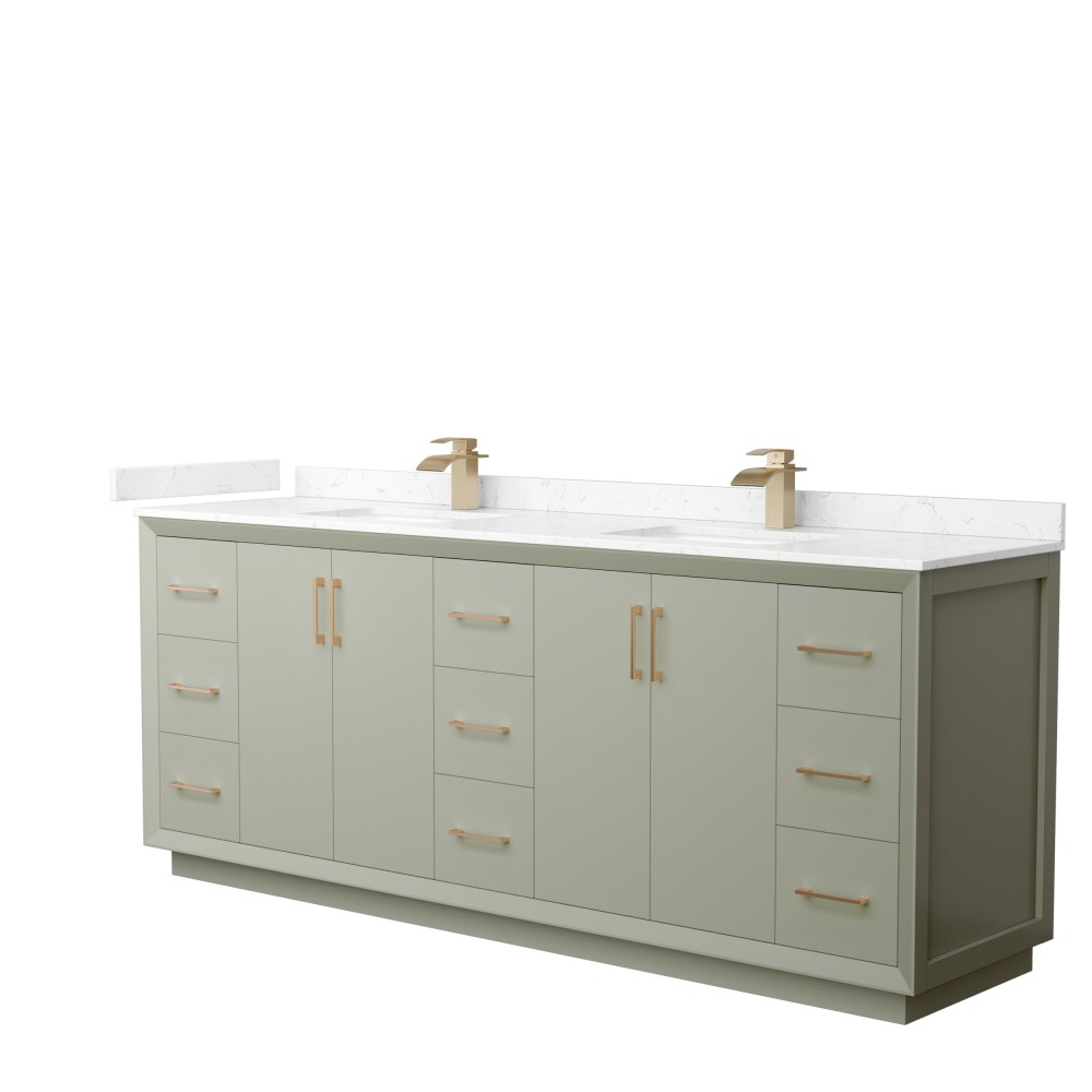 Strada 84" Double Vanity in Green, Carrara Marble Top, Sinks, Bronze Trim