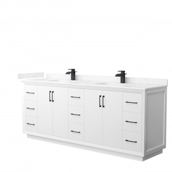 Strada 84" Double Vanity in White, Carrara Marble Top, Sink, Black Trim