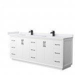 Strada 84" Double Vanity in White, White Marble Top, Sink, Black Trim