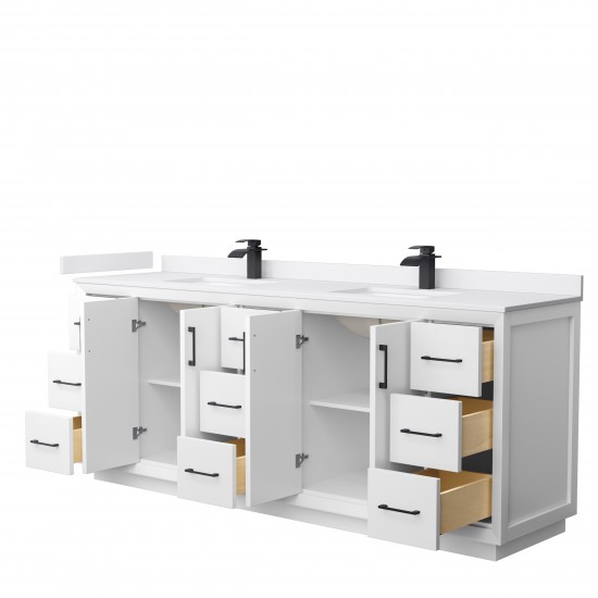 Strada 84" Double Vanity in White, White Marble Top, Sink, Black Trim